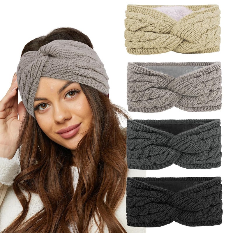 Cavetee Winter Headbands for Women, 4 Pieces Ear Muffs Crochet Soft Lined Elastic Ear Warmers for Women Christmas Gift - Image 1